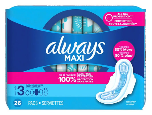 Always Pads Size 3 Maxi 26 Count Extra Long Super